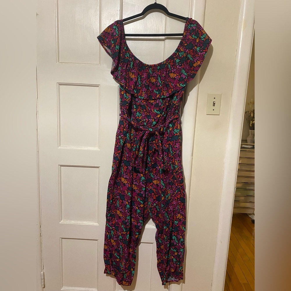 Ava & Viv Plus Size Linen Floral Ruffle Jumpsuit